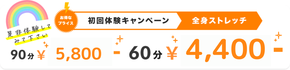 初回体験キャンペーン 全身ストレッチ 90分：￥4,500- 60分：3,300-
